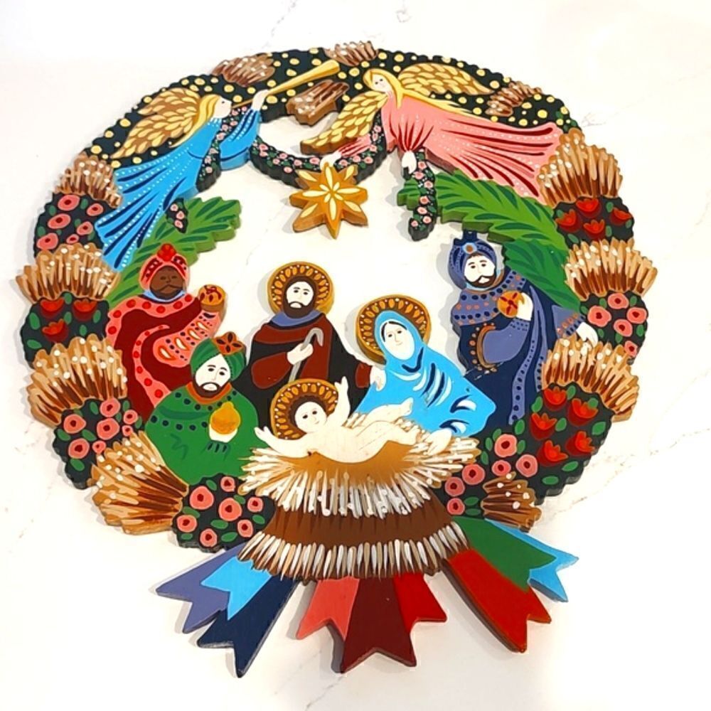 Hand Painted Wooden Nativity Scene Hanging Wreath Vintage